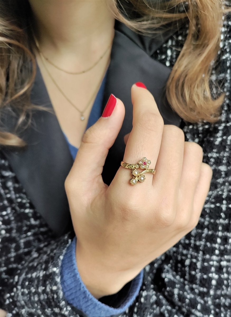 Bague Toi et Moi en or jaune et en perles et pierre rose - Castafiore