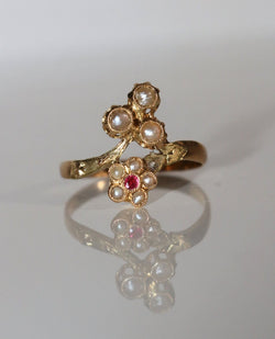 Bague Toi et Moi en or jaune et en perles et pierre rose - Castafiore