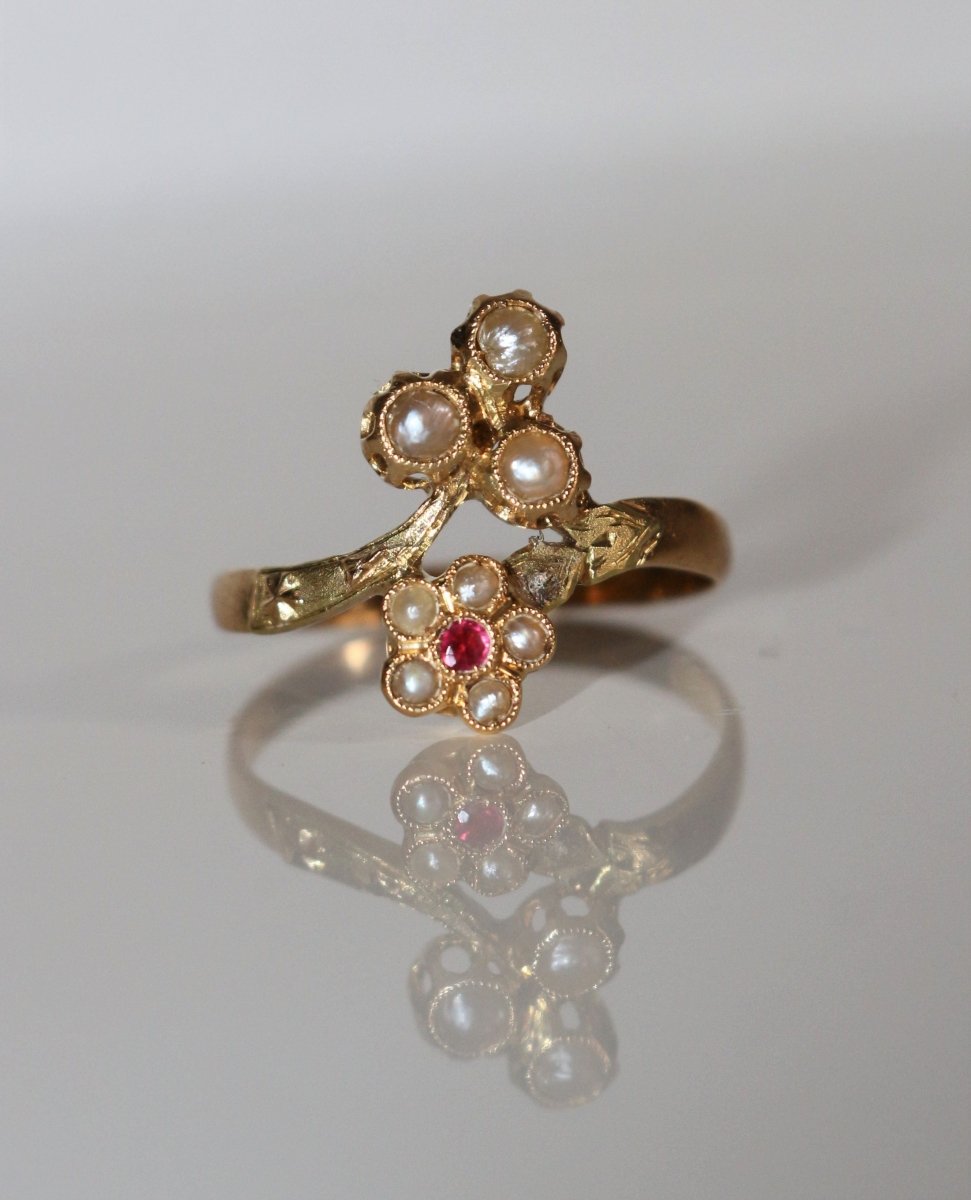 Bague Toi et Moi en or jaune et en perles et pierre rose - Castafiore