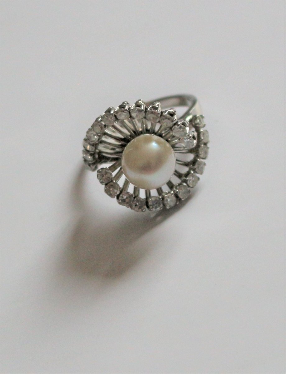Bague Tourbillon Platine Perle Et Diamants - Castafiore