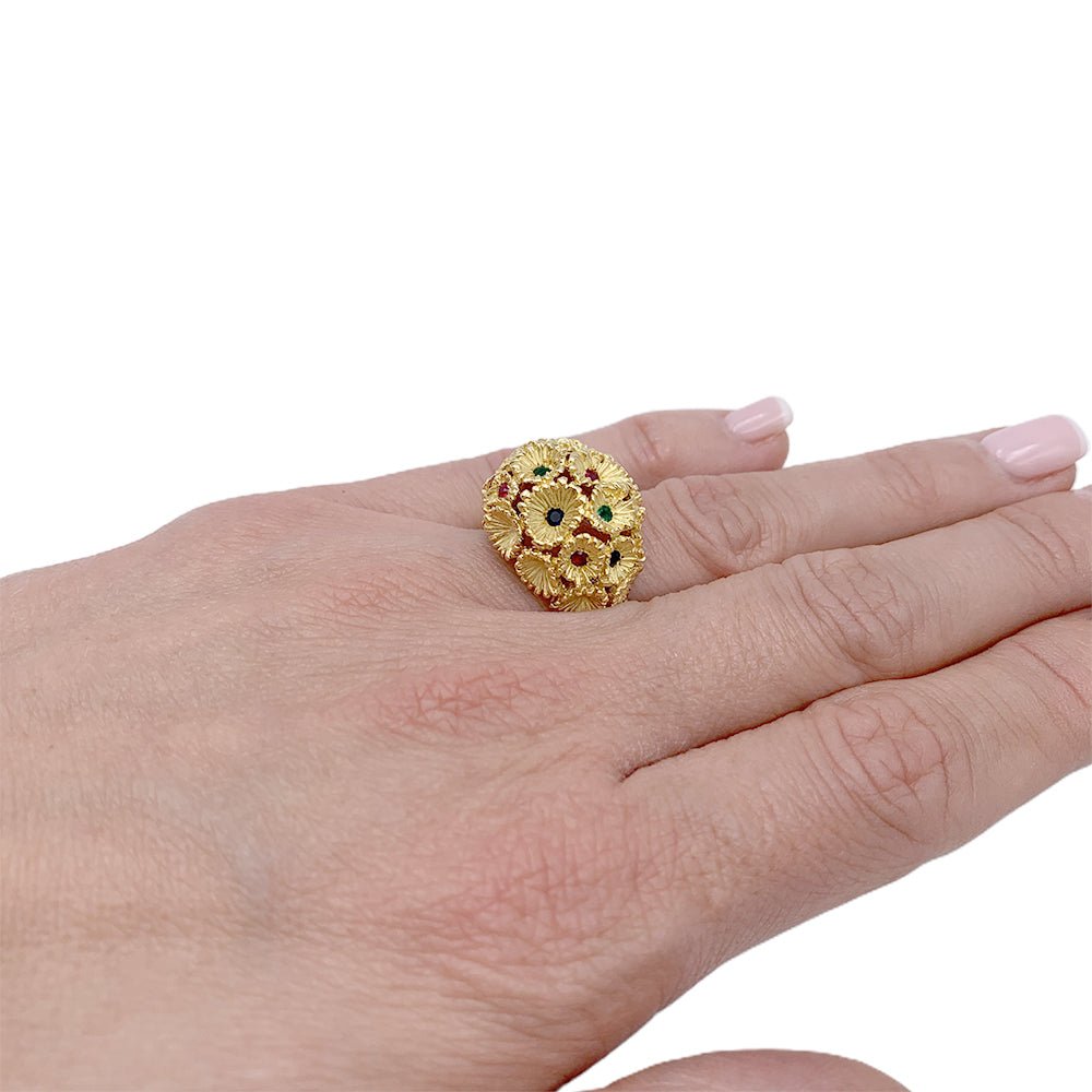 Bague vintage, "Bouquet", or jaune, pierres de couleurs - Castafiore