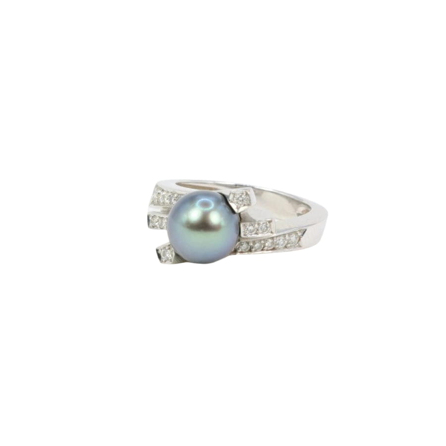 Bague vintage en or blanc, diamants et perle de Tahiti - Castafiore