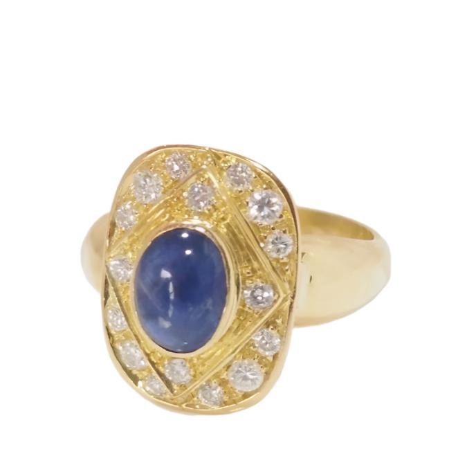 Bague vintage en or jaune,cabochon de saphir et diamants - Castafiore