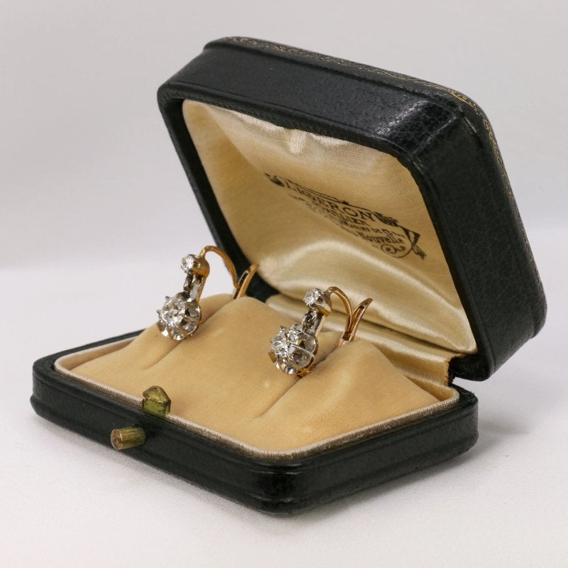 Boucle d’oreilles dormeuses anciennes en or, argent et diamants taille ancienne - Castafiore