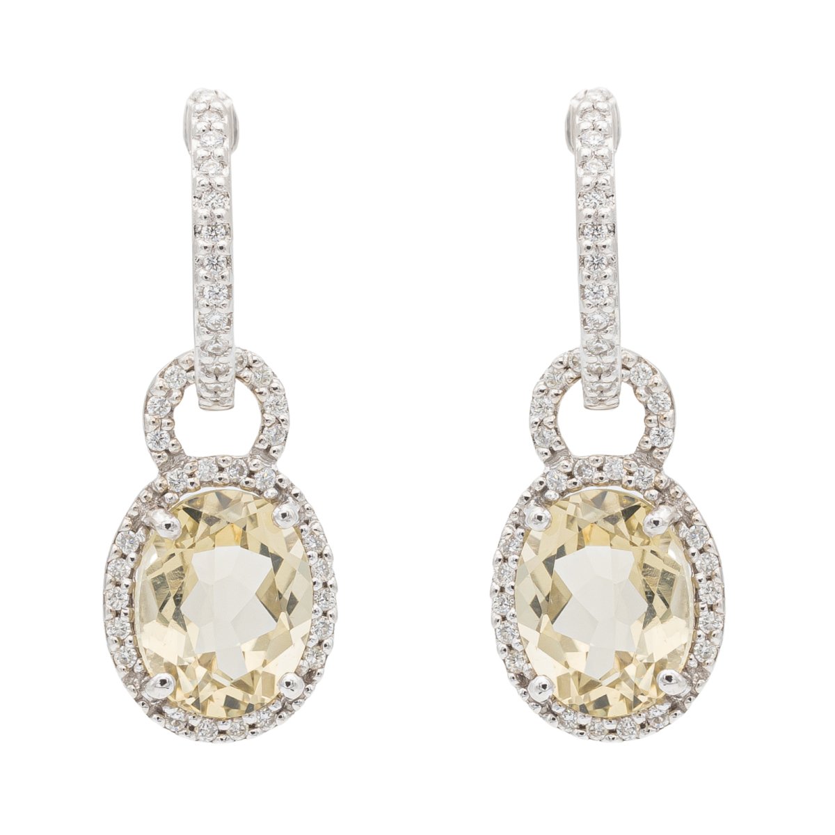 Boucles de boucles d'oreilles pendantes en or blanc, citrine et diamants - Castafiore
