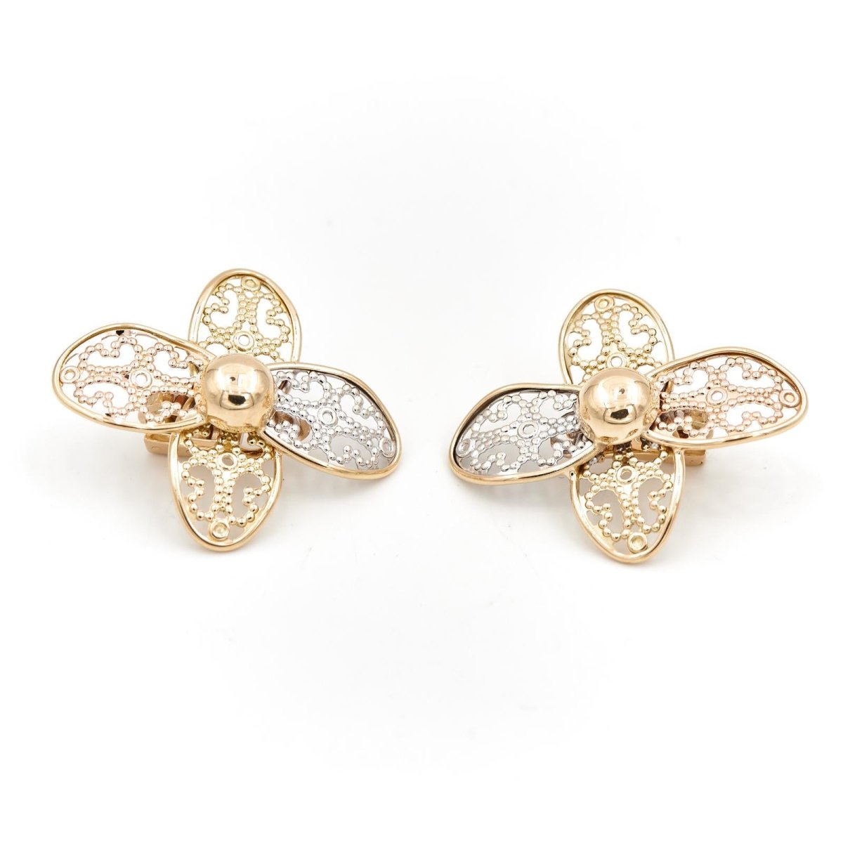 Boucles d'oreilles Clips fleur filigrane en 3 ors - Castafiore