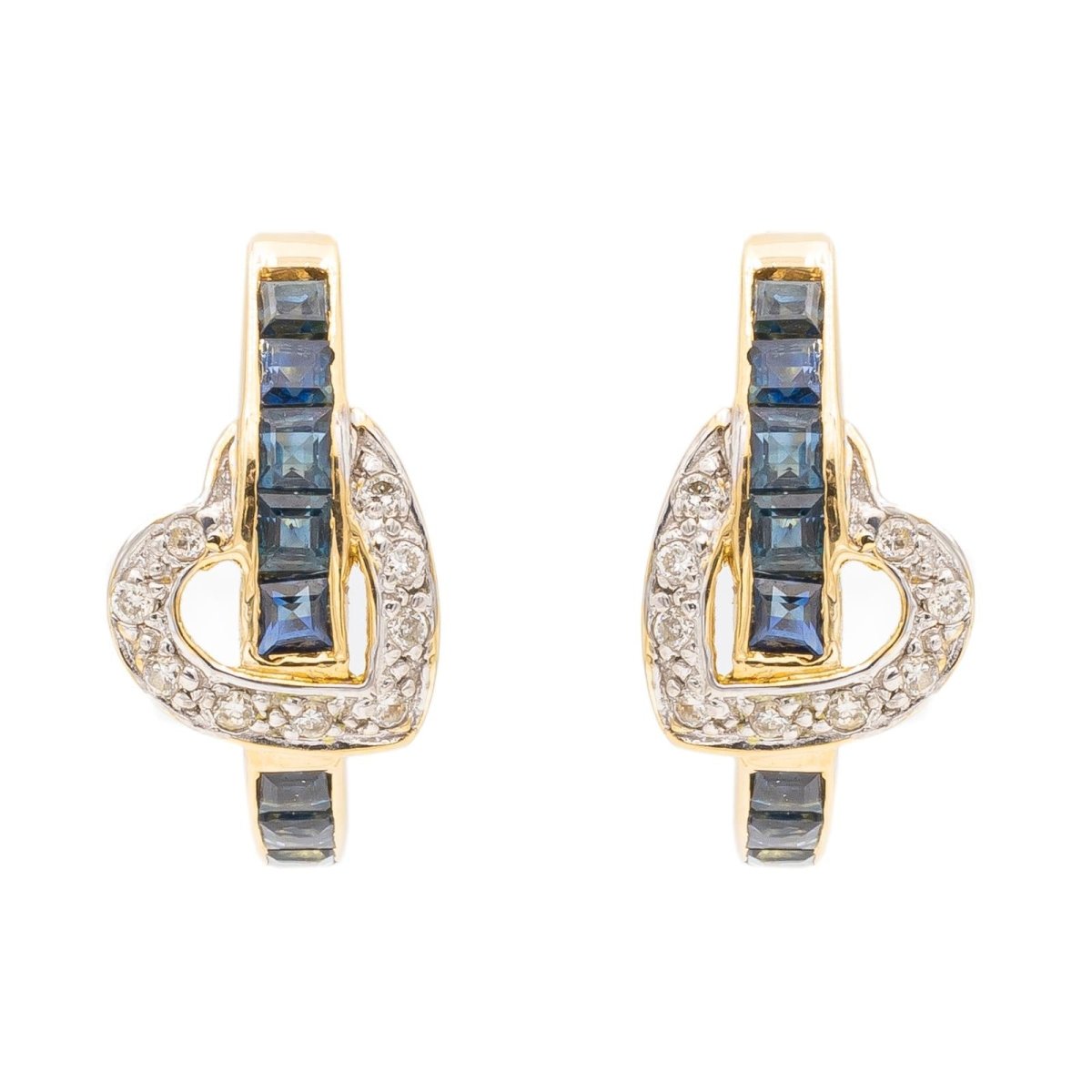 Boucles d'oreilles Créoles coeurs en or jaune, saphirs et diamants - Castafiore