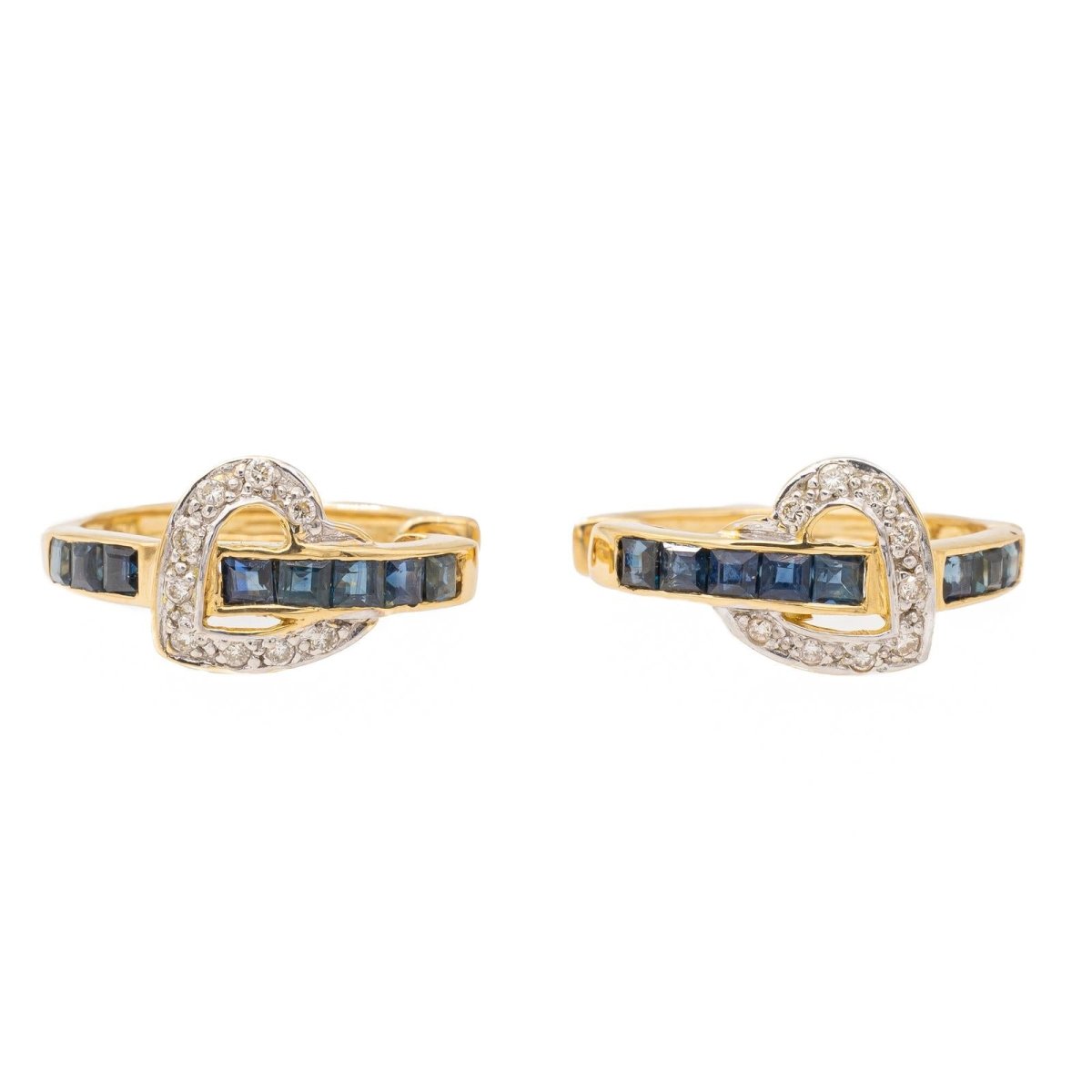 Boucles d'oreilles Créoles coeurs en or jaune, saphirs et diamants - Castafiore