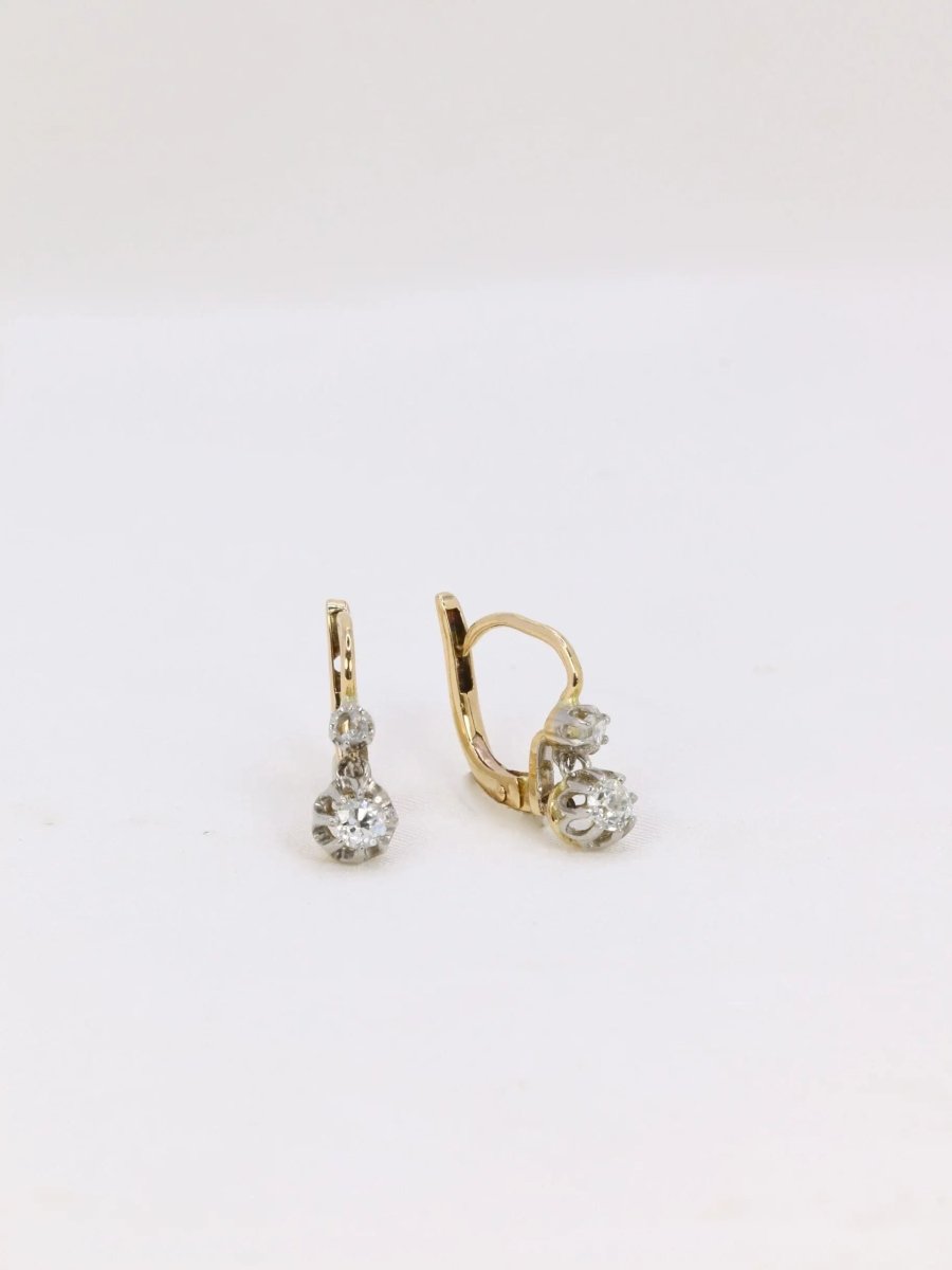 Boucles d’oreilles dormeuses anciennes en or, argent et diamants taille ancienne - Castafiore