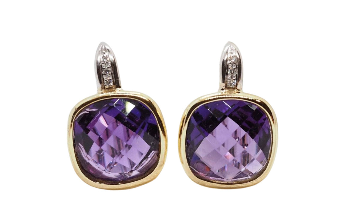 Boucles d'oreilles Dormeuses en or jaune, améthyste et diamant - Castafiore