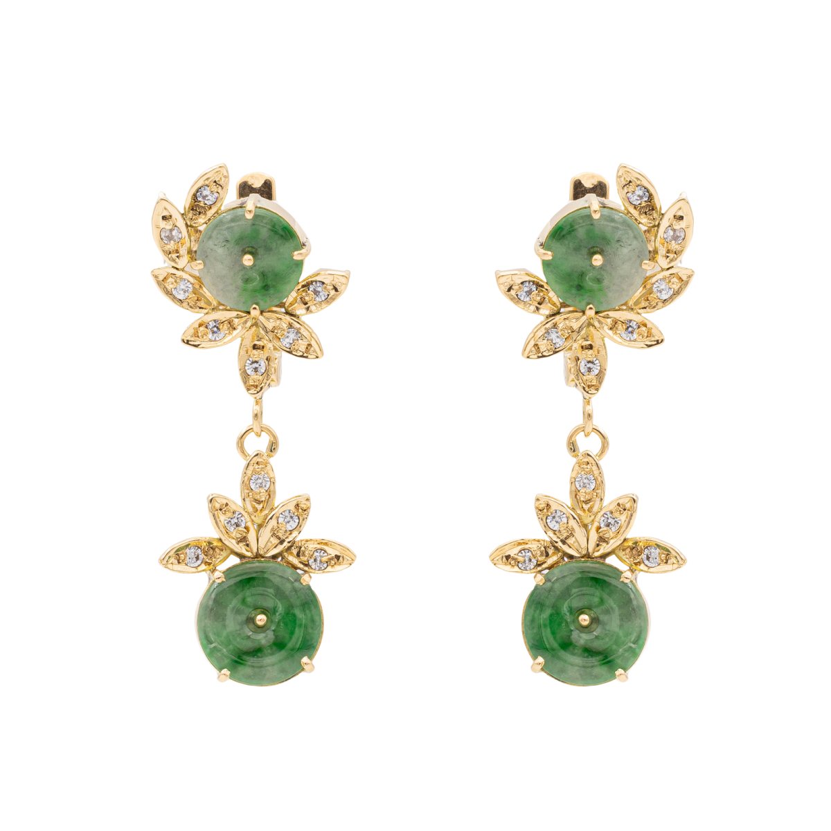 Boucles d'oreilles Dormeuses en or jaune, jade jadéite et diamants - Castafiore