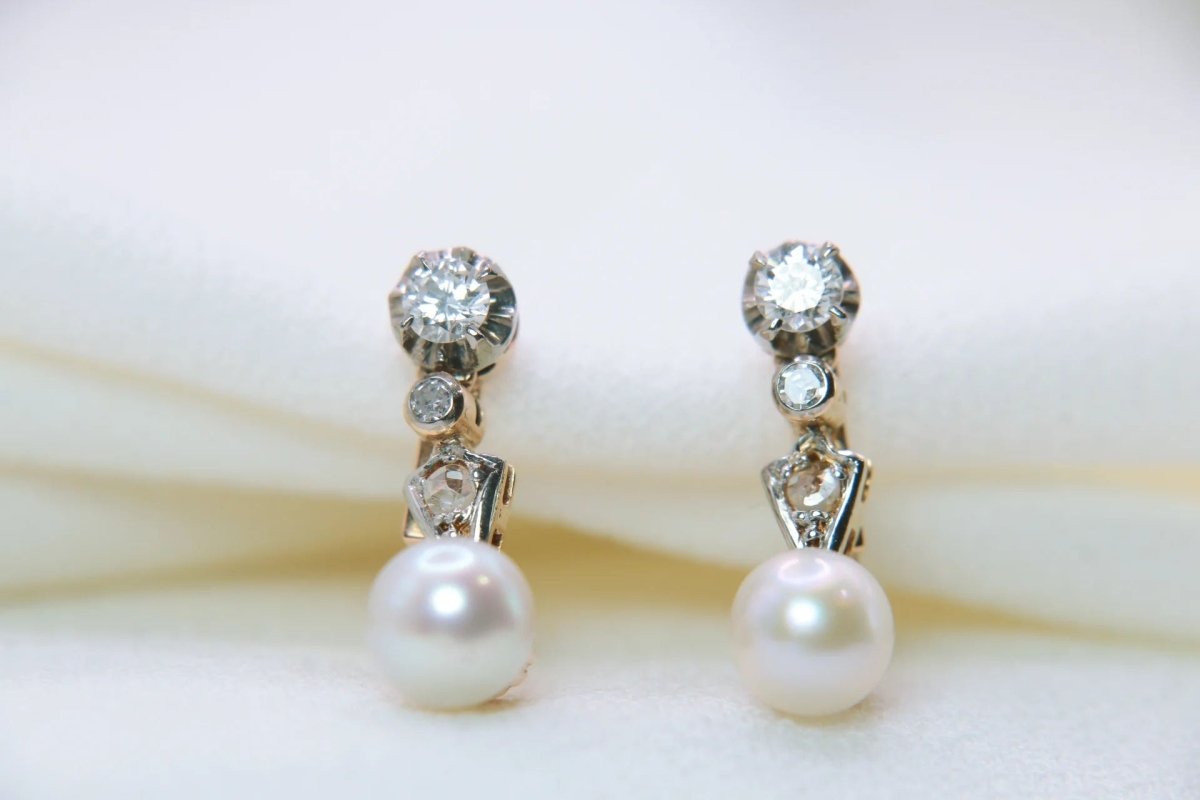 Boucles d'oreilles Dormeuses en Or, Perles et Diamants - Castafiore