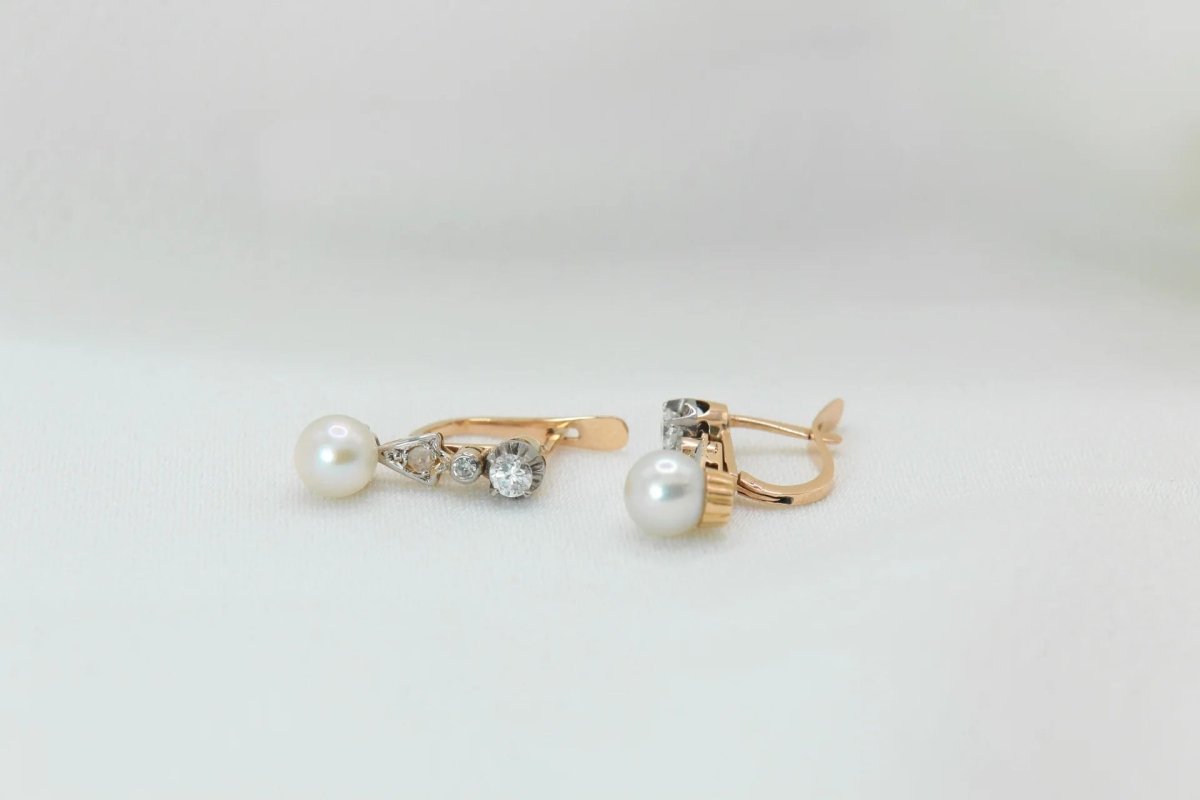Boucles d'oreilles Dormeuses en Or, Perles et Diamants - Castafiore