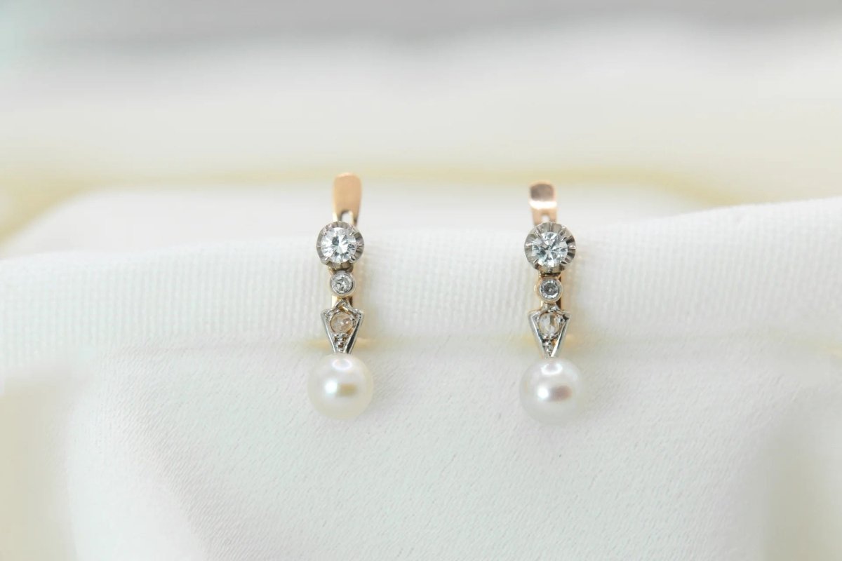 Boucles d'oreilles Dormeuses en Or, Perles et Diamants - Castafiore