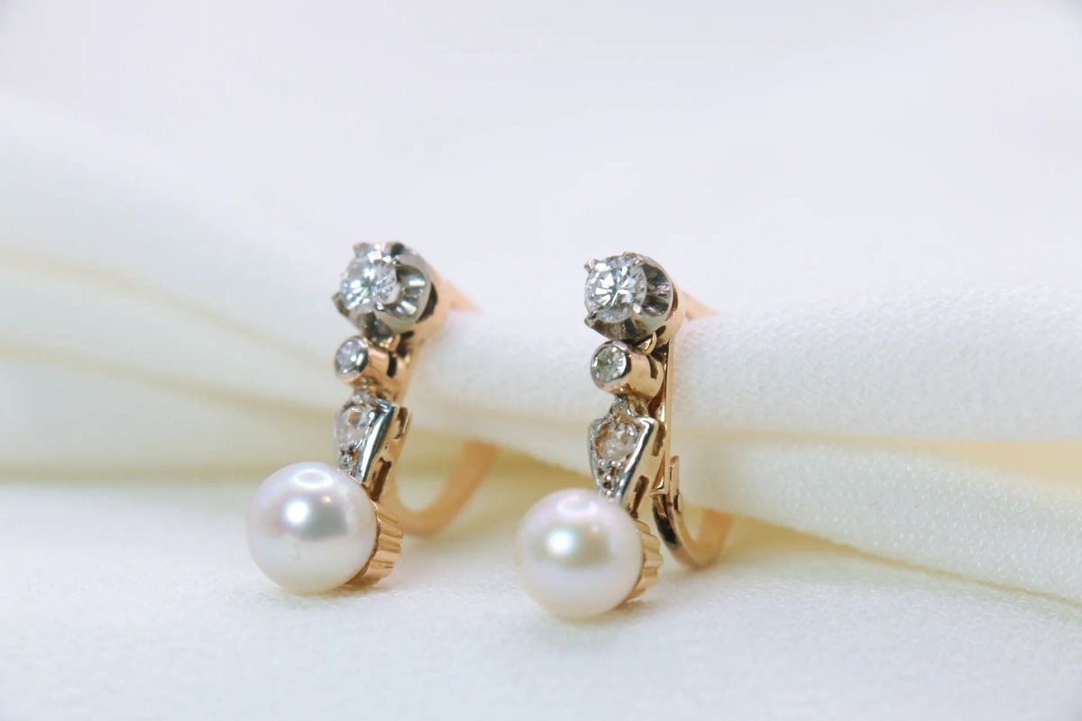 Boucles d'oreilles Dormeuses en Or, Perles et Diamants - Castafiore