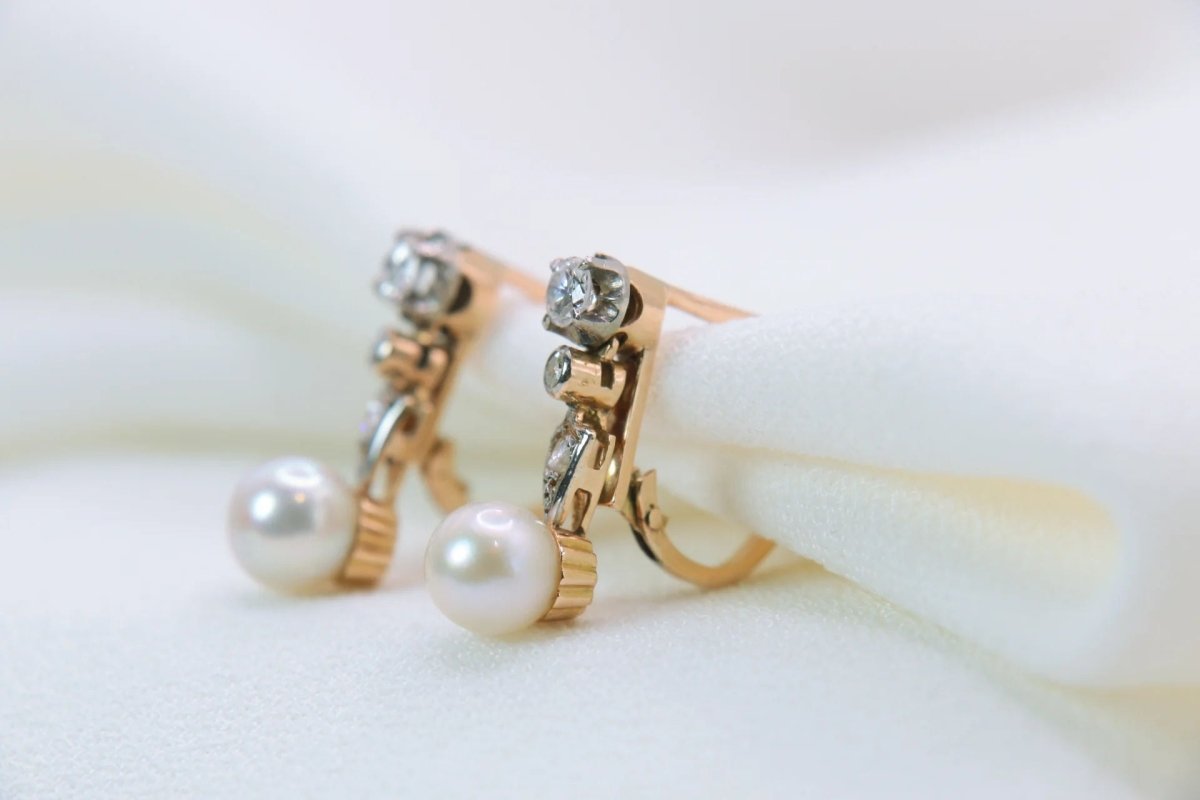Boucles d'oreilles Dormeuses en Or, Perles et Diamants - Castafiore