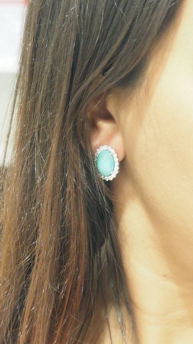 Boucles d'oreilles en or blanc, turquoise naturelle et diamants - Castafiore