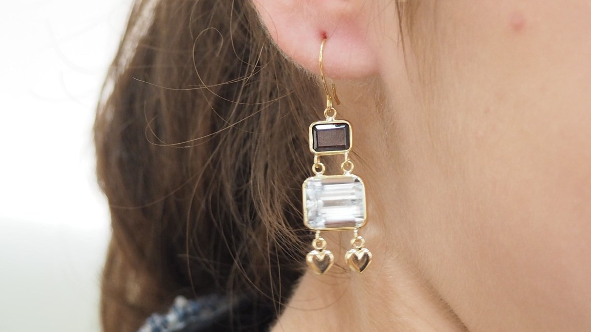 Boucles d'oreilles en or jaune, aigue marine et grenat - Castafiore