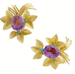 Boucles d'oreilles en or jaune, améthystes et turquoises - Castafiore