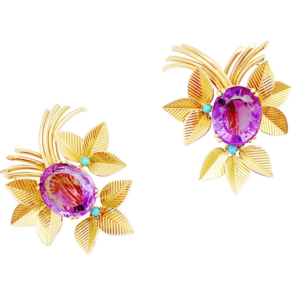 Boucles d'oreilles en or jaune, améthystes et turquoises - Castafiore