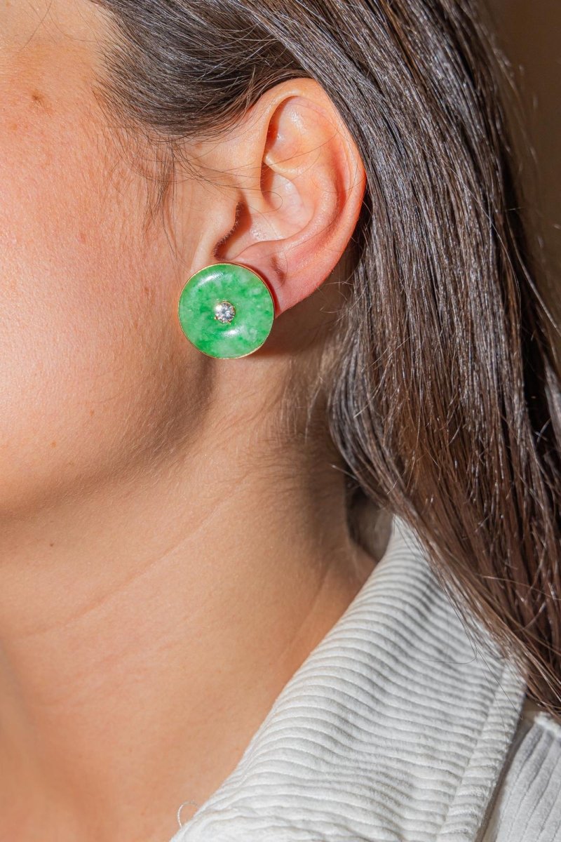 Boucles d'oreilles en or jaune, jade et diamans - Castafiore