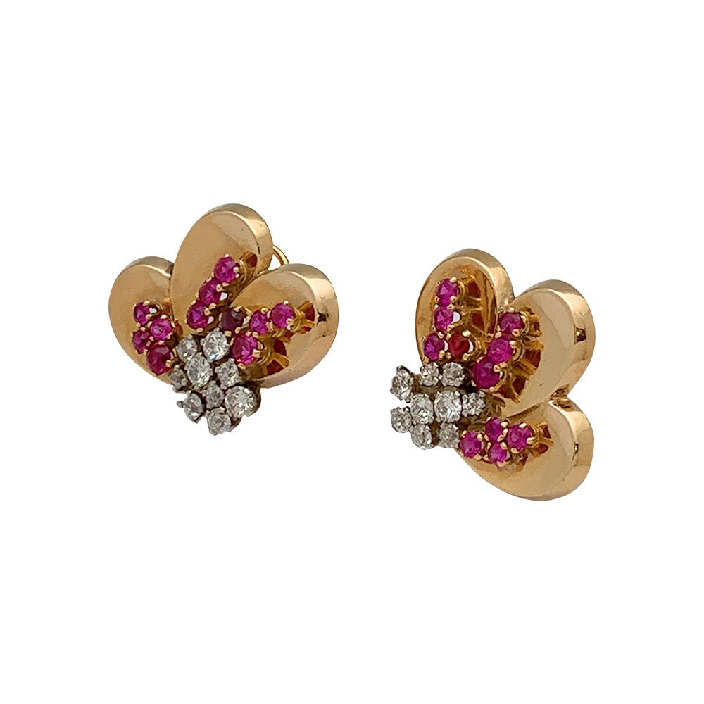 Boucles d'oreilles en or rose des années 1940 pierres rouges, brillants - Castafiore