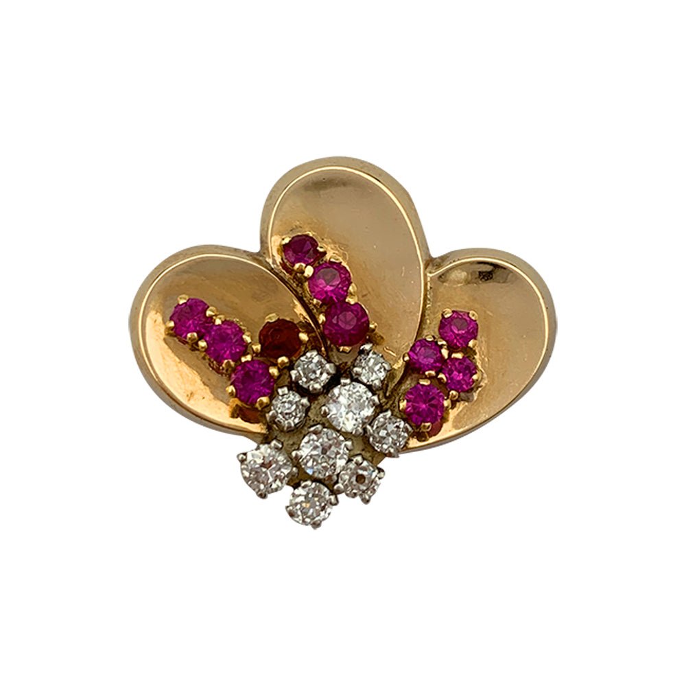 Boucles d'oreilles en or rose des années 1940 pierres rouges, brillants - Castafiore