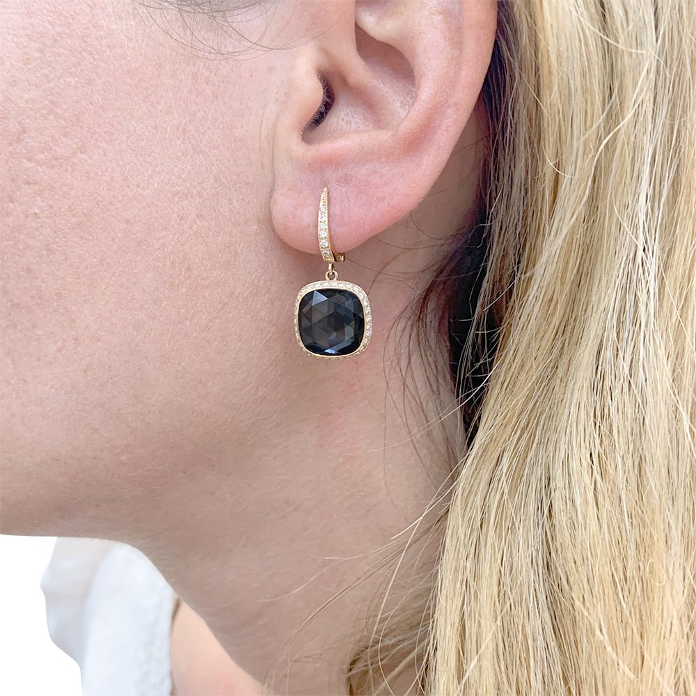 Boucles d'oreilles en or rose, hématite, quartz et diamants - Castafiore