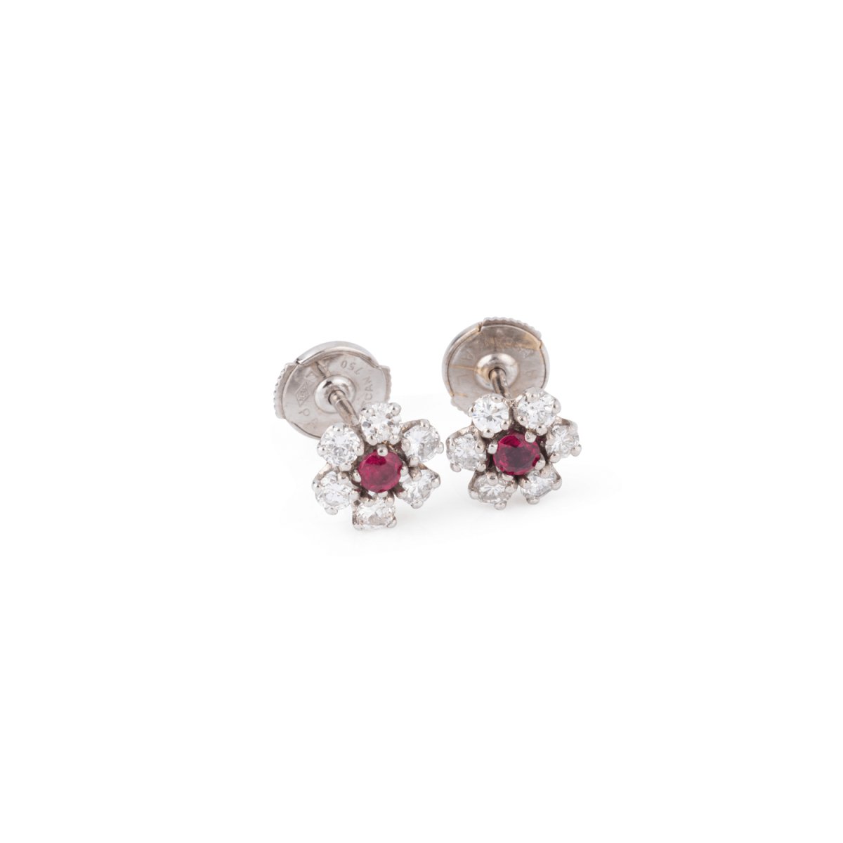 Boucles d'oreilles marguerite en or gris, diamants et rubis - Castafiore