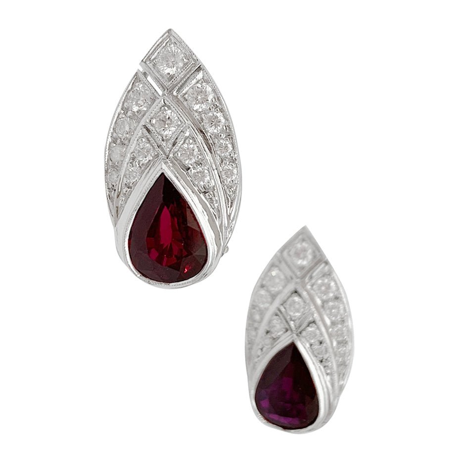 Boucles d'oreilles or blanc, platine, diamants, rubis de synthèse - Castafiore