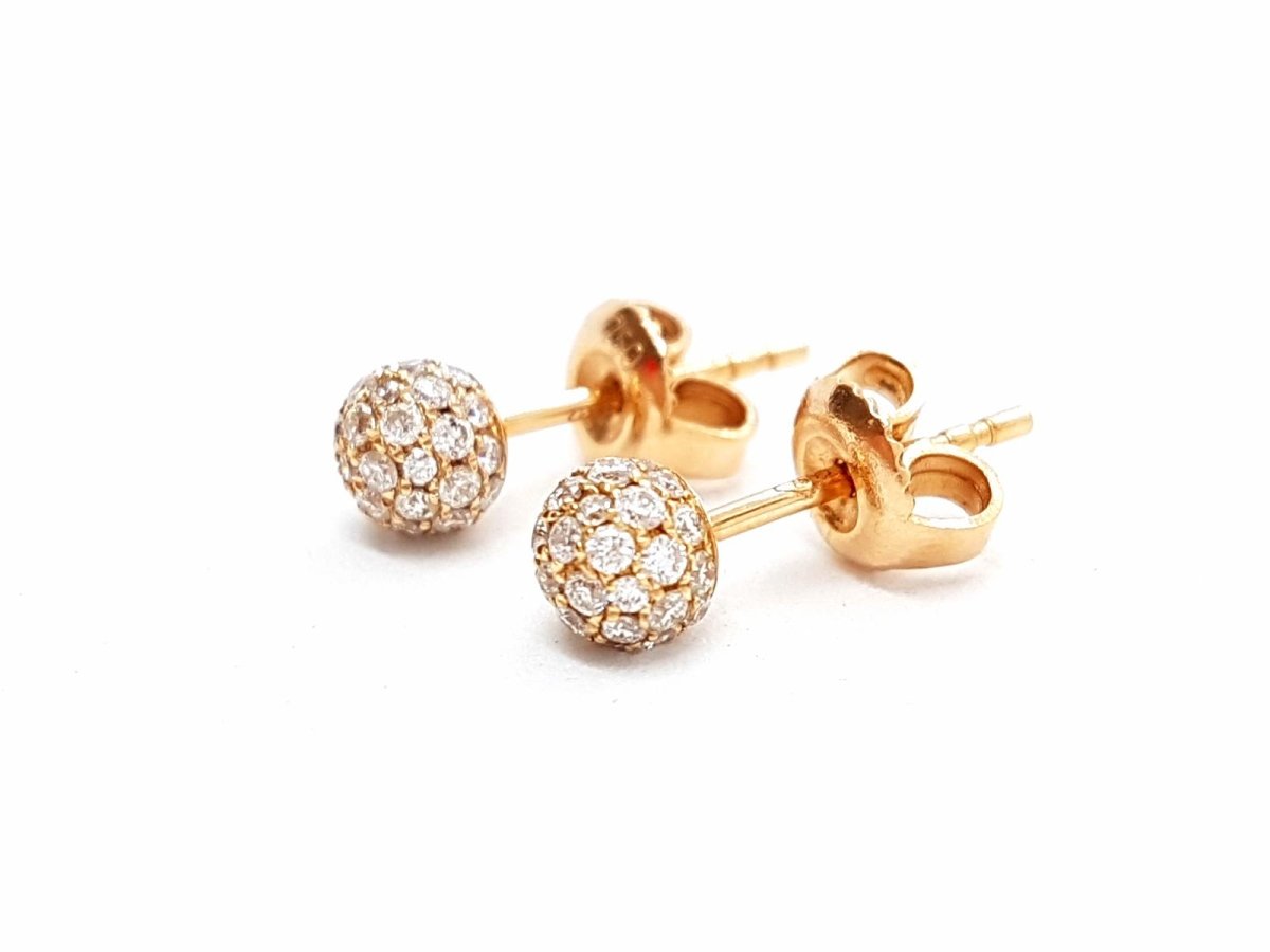Boucles d'oreilles Puces boules pavées diamants en or rose - Castafiore