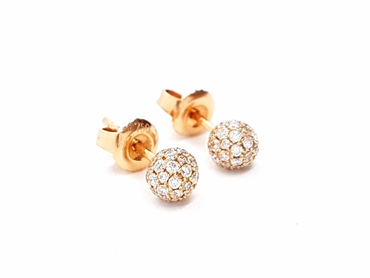 Boucles d'oreilles Puces boules pavées diamants en or rose - Castafiore