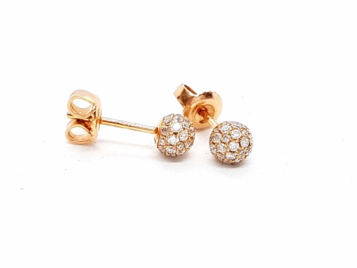 Boucles d'oreilles Puces boules pavées diamants en or rose - Castafiore
