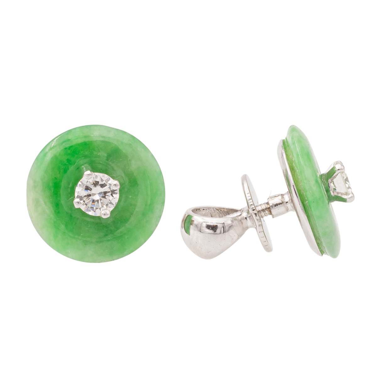Boucles d'oreilles Puces en or blanc, jades jadéite et diamants - Castafiore
