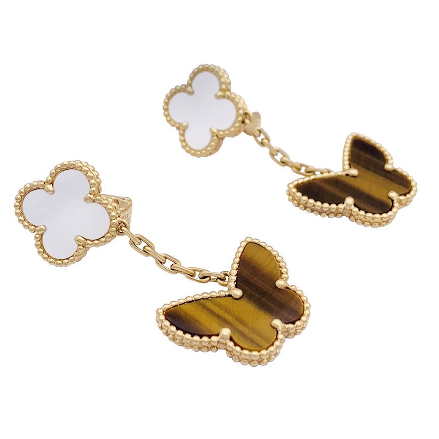 Boucles d'oreilles VAN CLEEF & ARPELS "Lucky Alhambra" or jaune, nacre blanche, oeil de tigre - Castafiore