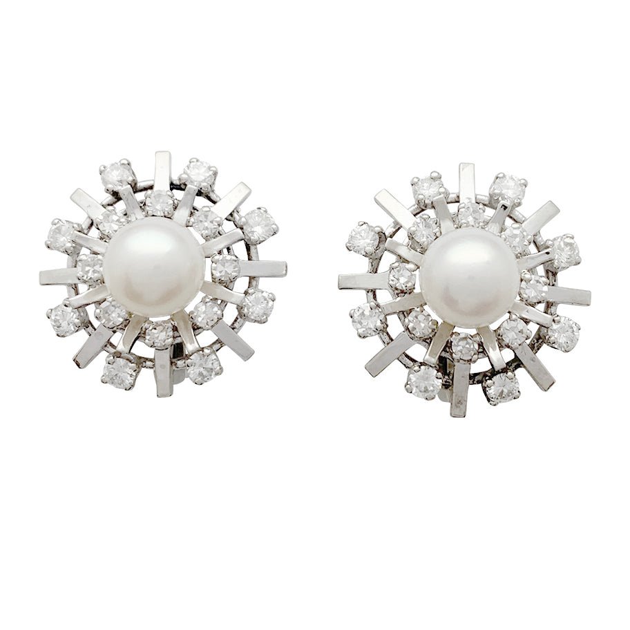 Boucles d'oreilles vintage or blanc, diamants, perles - Castafiore