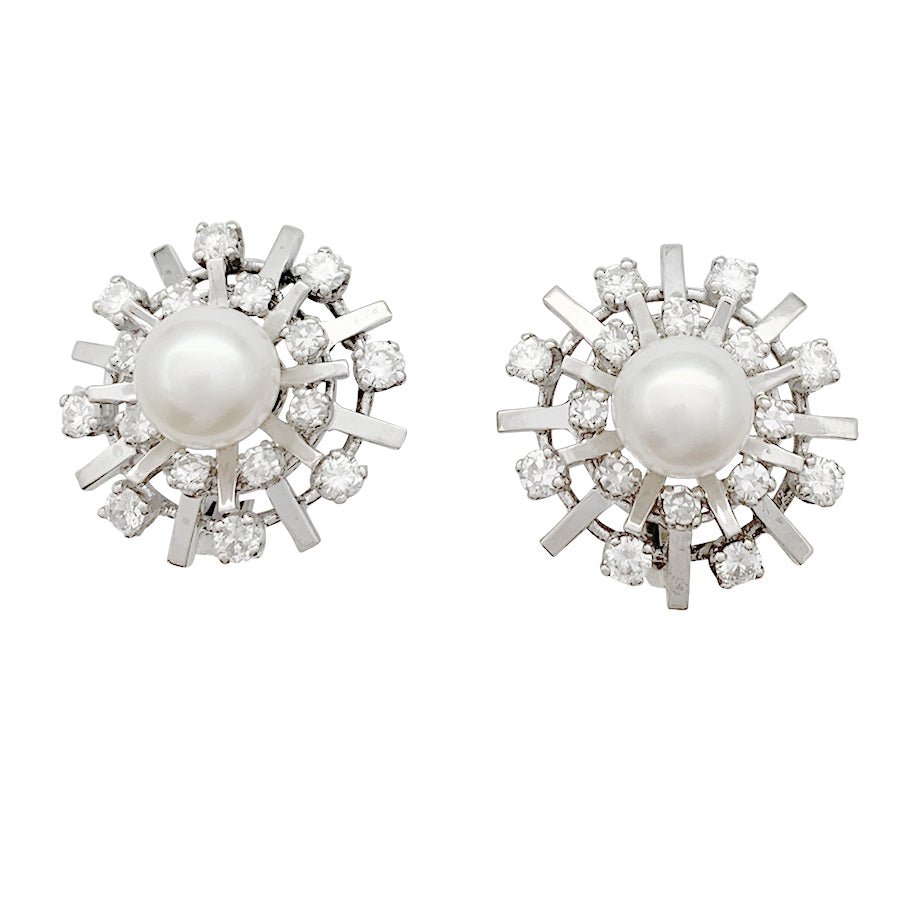 Boucles d'oreilles vintage or blanc, diamants, perles - Castafiore