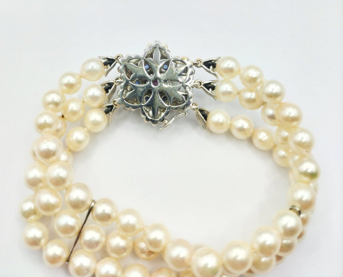 Bracelet perles 3 rangs et fermoir fleur - Bijoux anciens