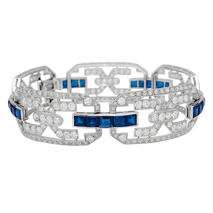 Bracelet Art Déco en platine, diamants et saphirs - Castafiore