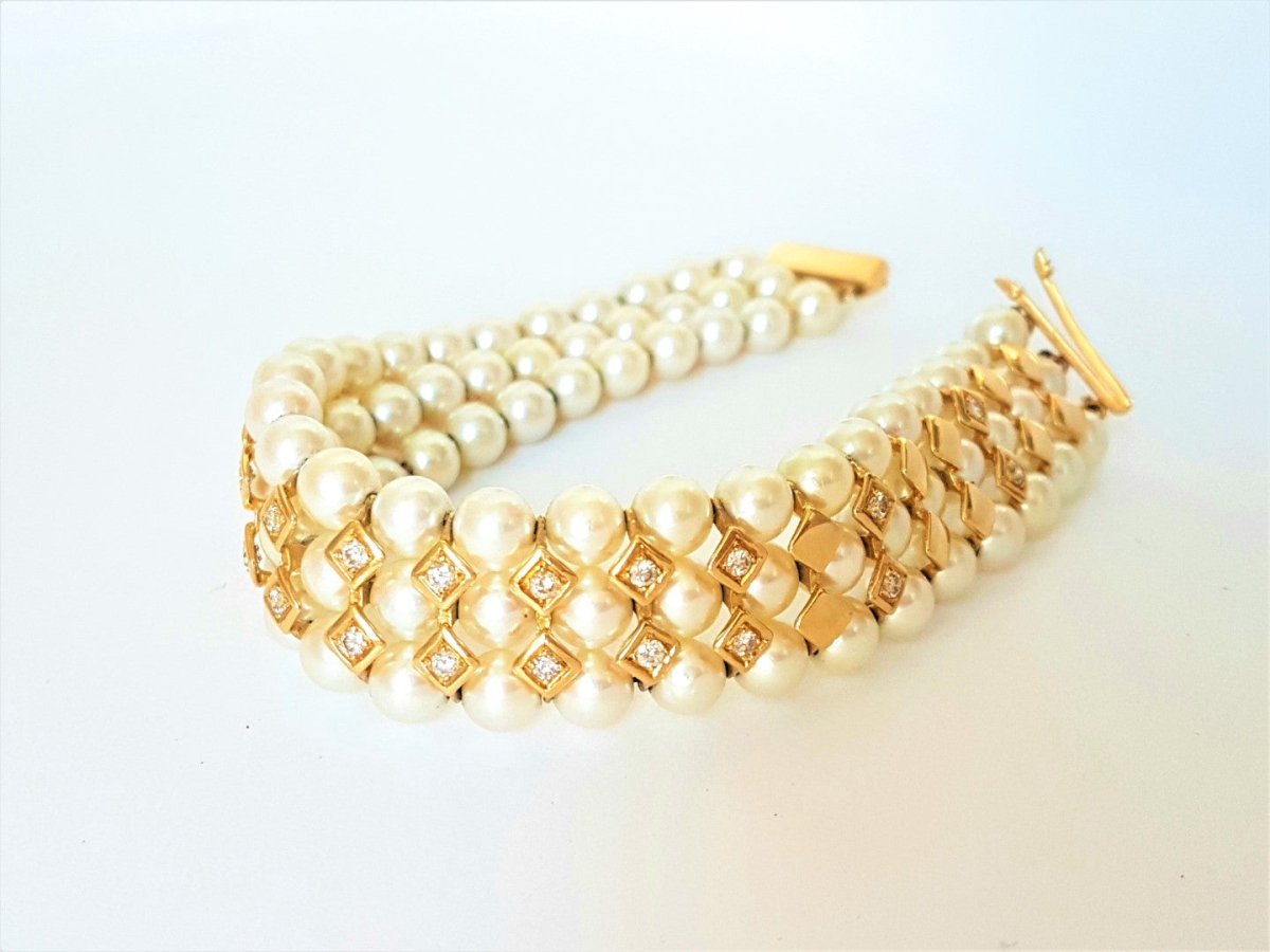 Bracelet en or jaune, perles et diamants - Castafiore