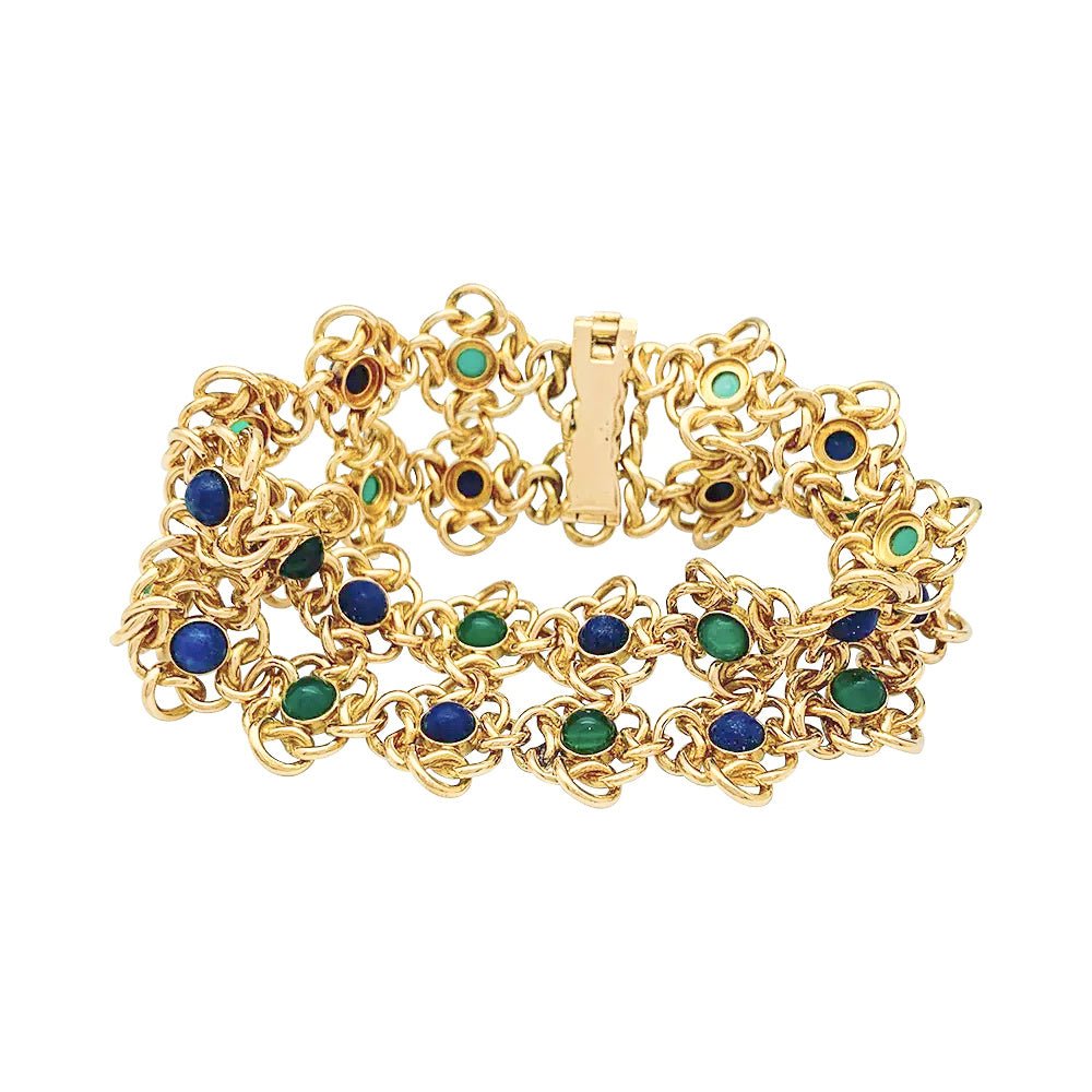 Bracelet fleurettes en or jaune, chrysoprases et lapis lazuli - Castafiore