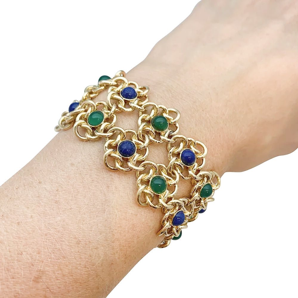 Bracelet fleurettes en or jaune, chrysoprases et lapis lazuli - Castafiore