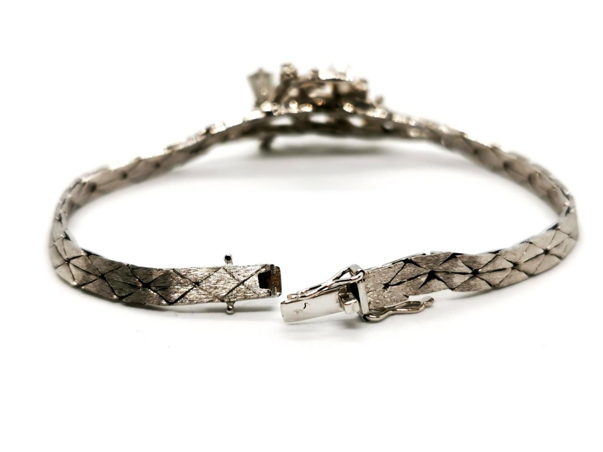 Bracelet géométrique motif feuillage en or blanc, perles et diamants - Castafiore