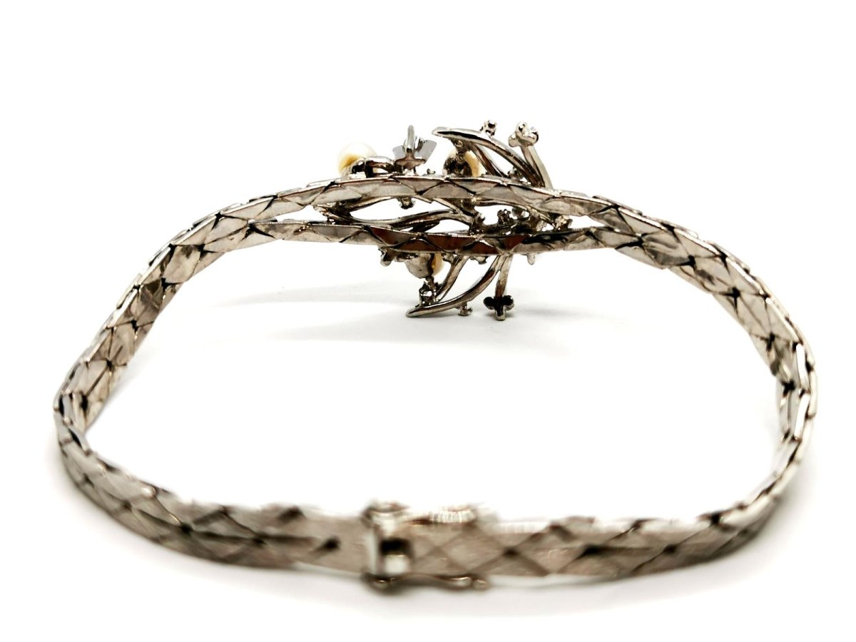 Bracelet géométrique motif feuillage en or blanc, perles et diamants - Castafiore