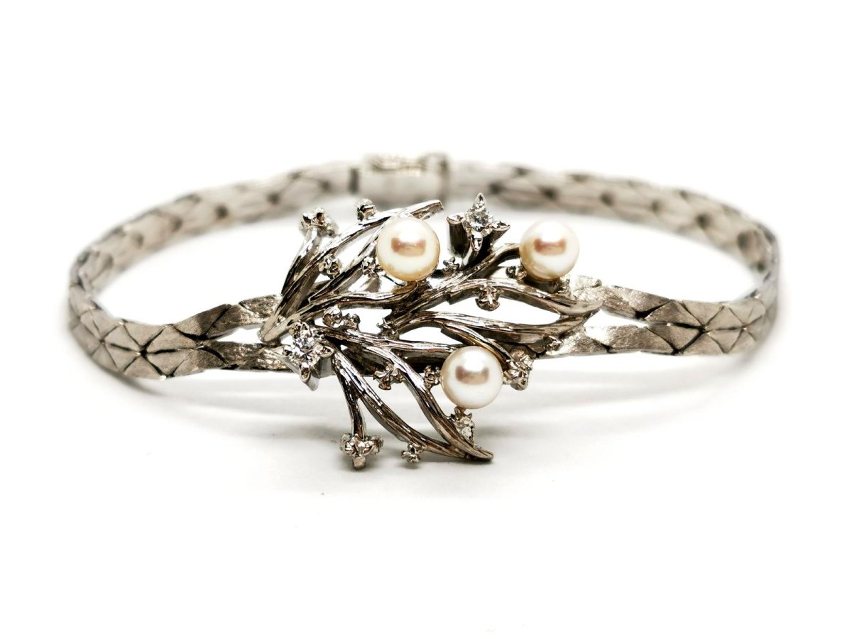 Bracelet géométrique motif feuillage en or blanc, perles et diamants - Castafiore
