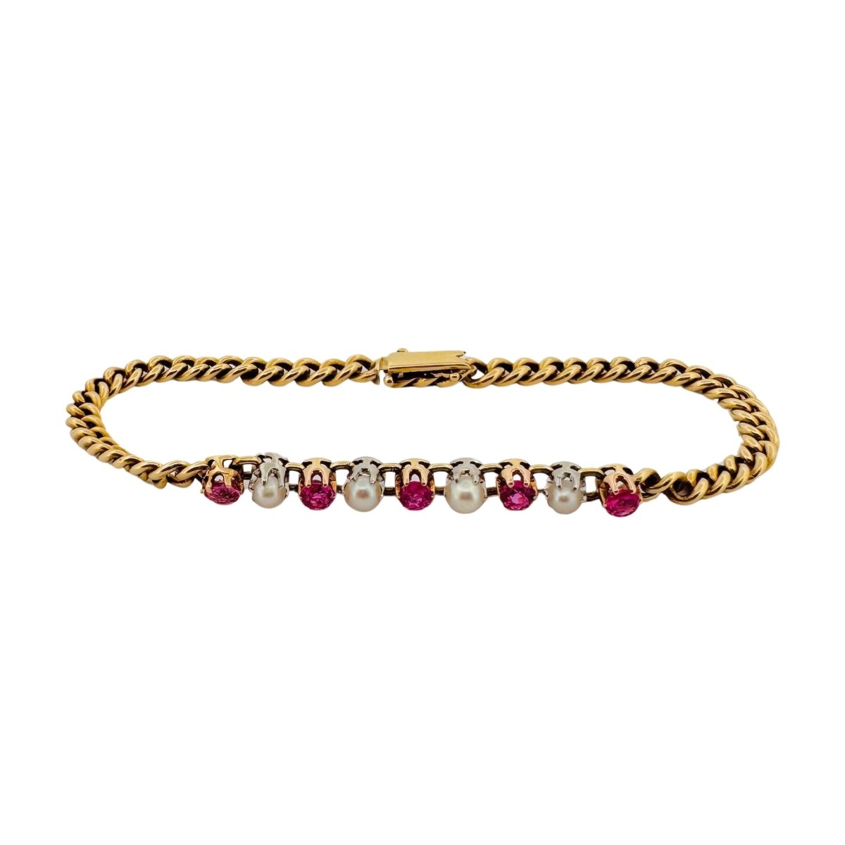 Bracelet Gourmette en or jaune, perles et pierres roses - Castafiore