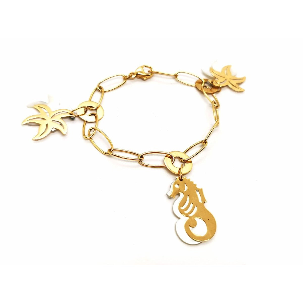 Bracelet Maille ovale Breloques océan en or jaune et nacre - Castafiore