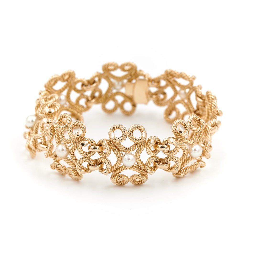 Bracelet Manchette fil torsadé en or jaune et perles - Castafiore