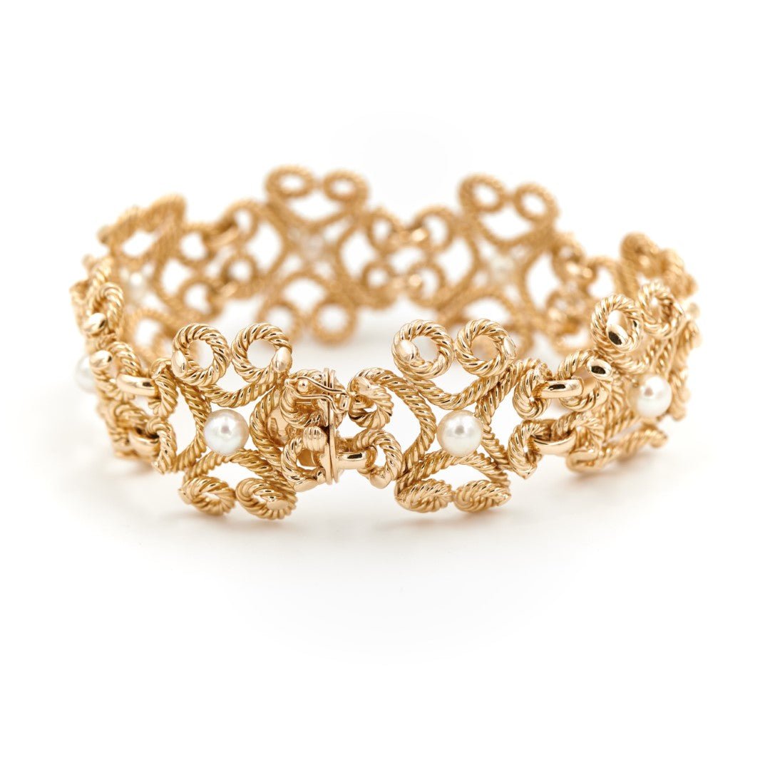 Bracelet Manchette fil torsadé en or jaune et perles - Castafiore