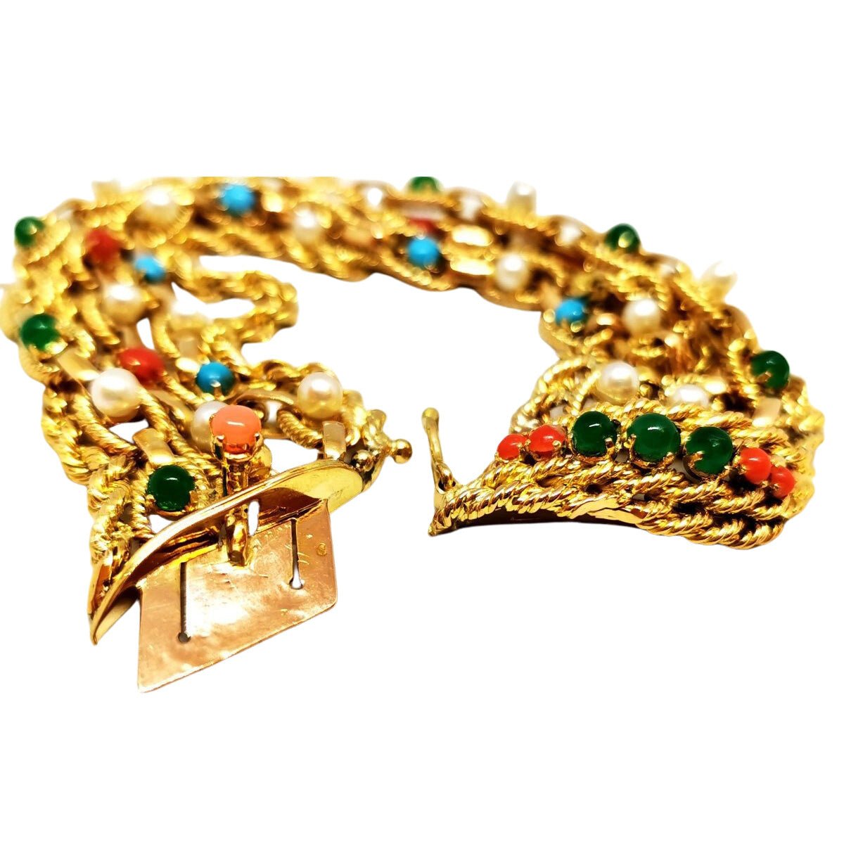Bracelet Manchette maille en or jaune, cornaline, chrysoprases, turquoise et perles - Castafiore